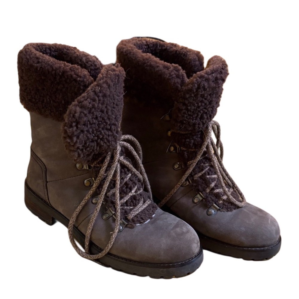 UGG Australia Brown Fraser Stout Shearling Combat Leather Lace-Up Winter Boots 7